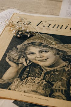 A vintage French magazine featuring an artistic illustration with dried flowers on top.